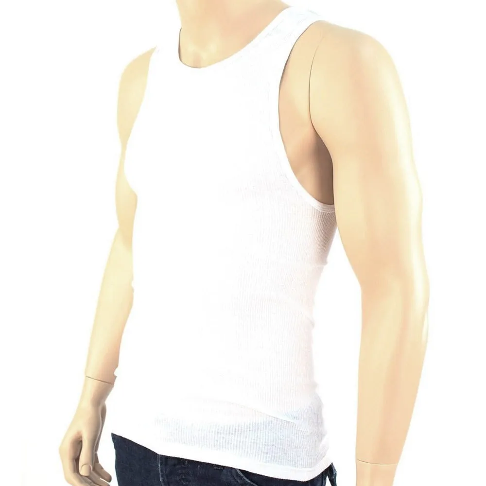 3pc Men A-Shirt 100% Cotton Ribbed Tank Top Undershirt Slim Muscle Tee Large Wht