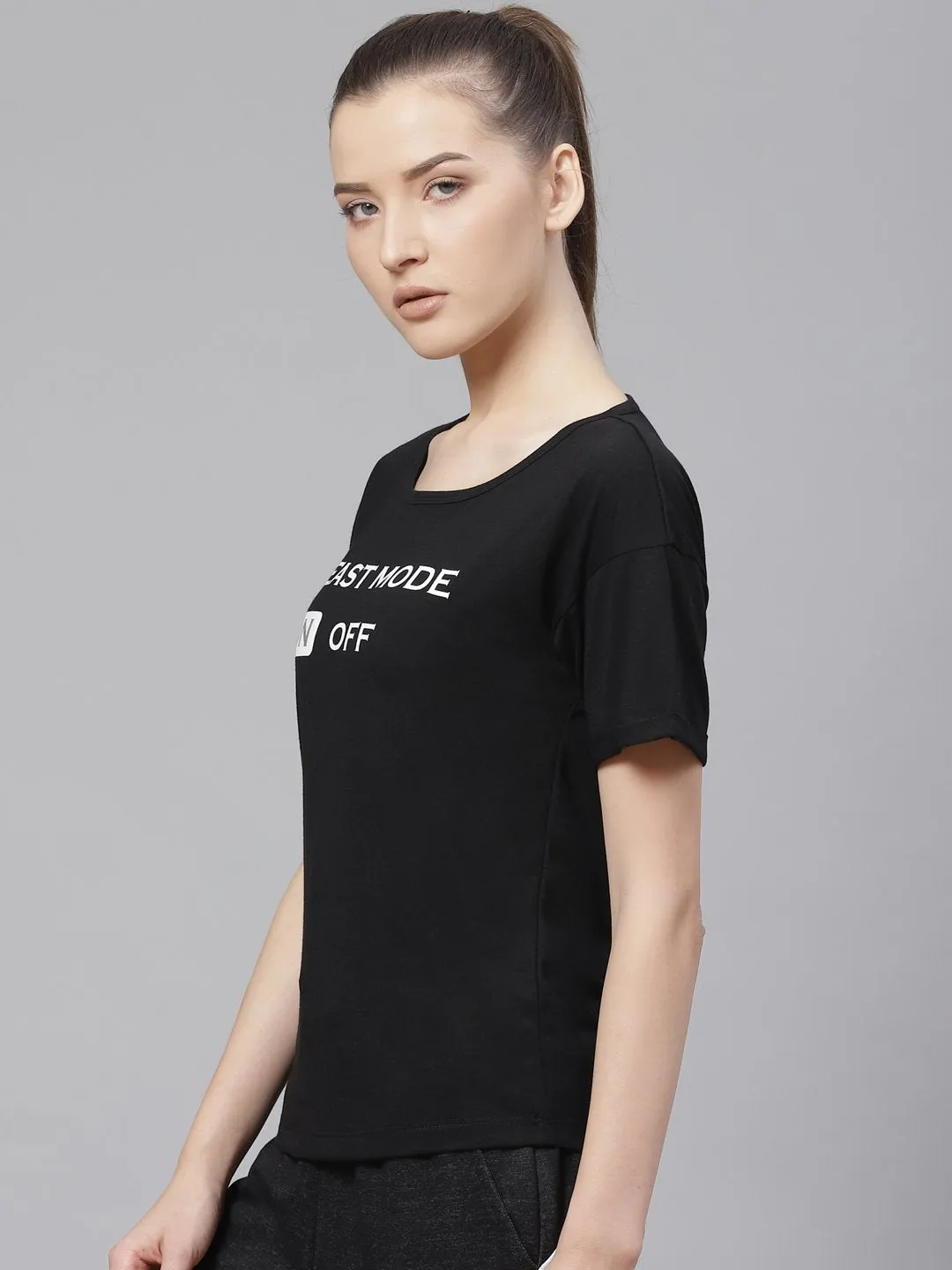 Alcis Women Black Printed Round Neck T-shirt