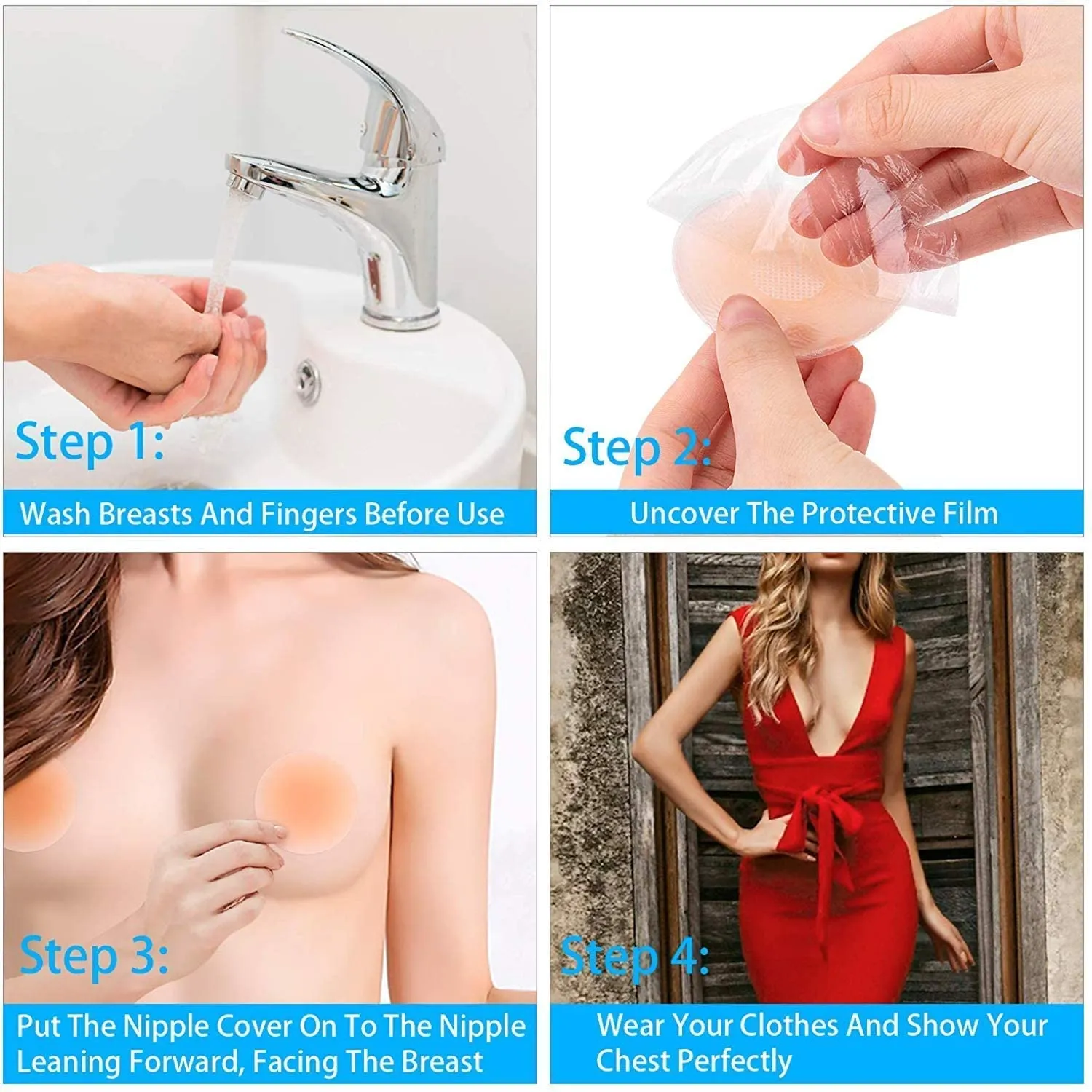 Bureaucrat Nipple Cover Silicone Pasties Reusable No Show Bra for Women (Skin Friendly self Adhesive Washable Breast Petals pad Covers Lingerie, Shoulder Less Backless Dresses) 2 Pair in Pouch Nude
