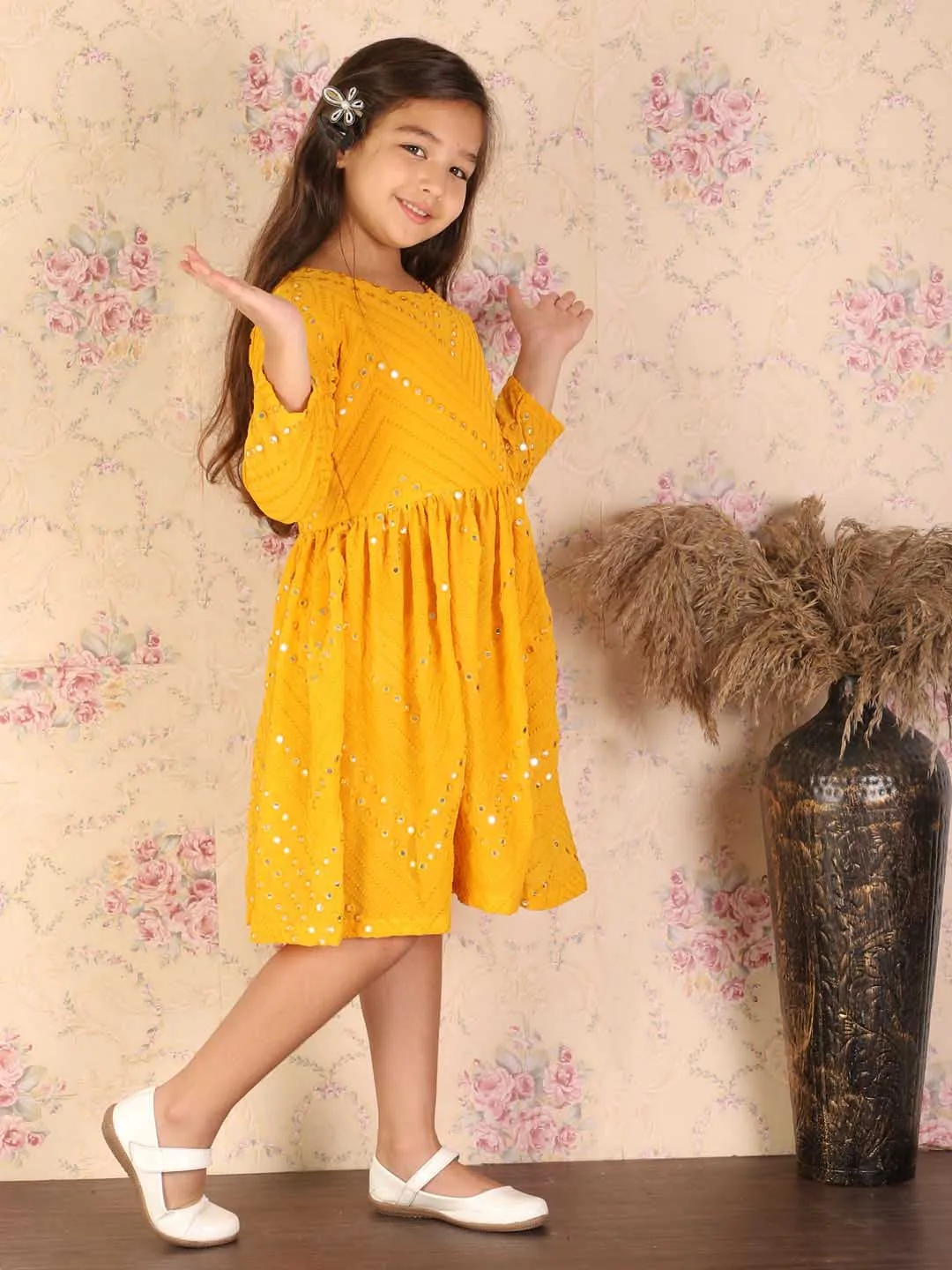 Jashvi Girl's Yellow Mirror Kurta