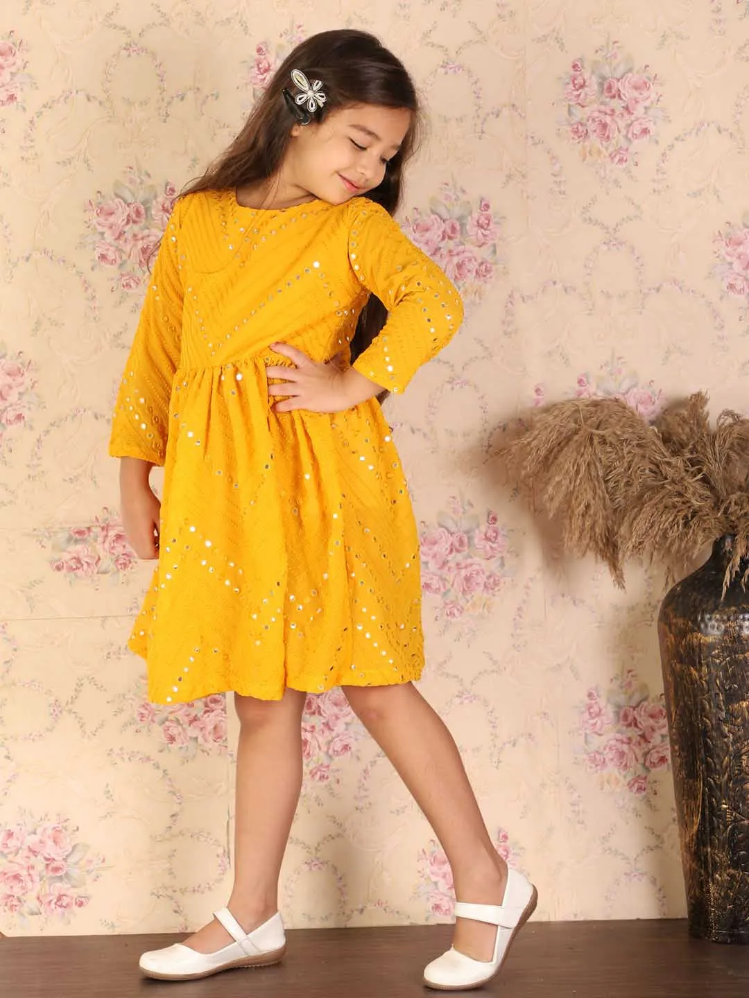 Jashvi Girl's Yellow Mirror Kurta