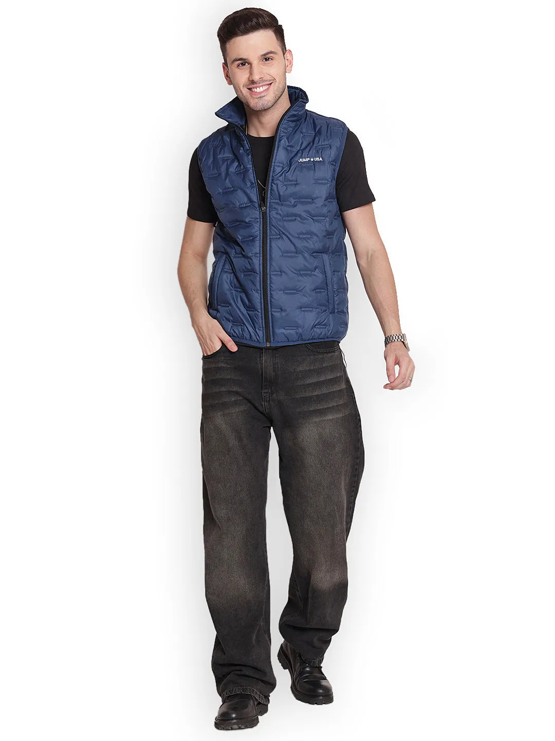 JUMP USA Men Dennim blue Rapid-Dry Solid Sleeveless Sporty Jackets