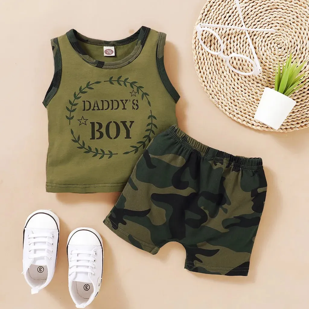 Letters Print Sleeveless Vest Top   Camouflage Shorts 2PCS Outfit Summer Clothing - Kids Toddler Baby Boy Fashion Clothes Set