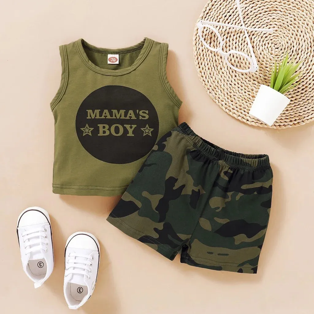 Letters Print Sleeveless Vest Top   Camouflage Shorts 2PCS Outfit Summer Clothing - Kids Toddler Baby Boy Fashion Clothes Set