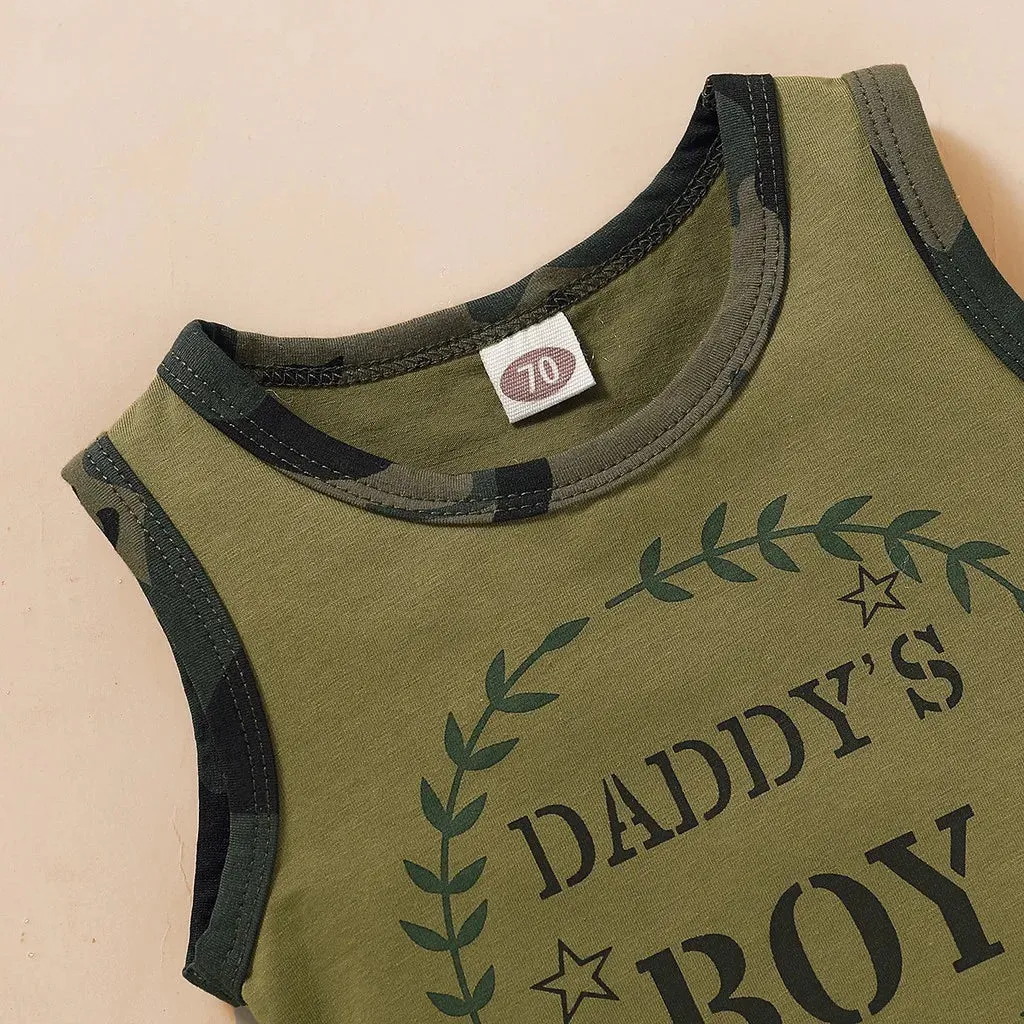 Letters Print Sleeveless Vest Top   Camouflage Shorts 2PCS Outfit Summer Clothing - Kids Toddler Baby Boy Fashion Clothes Set
