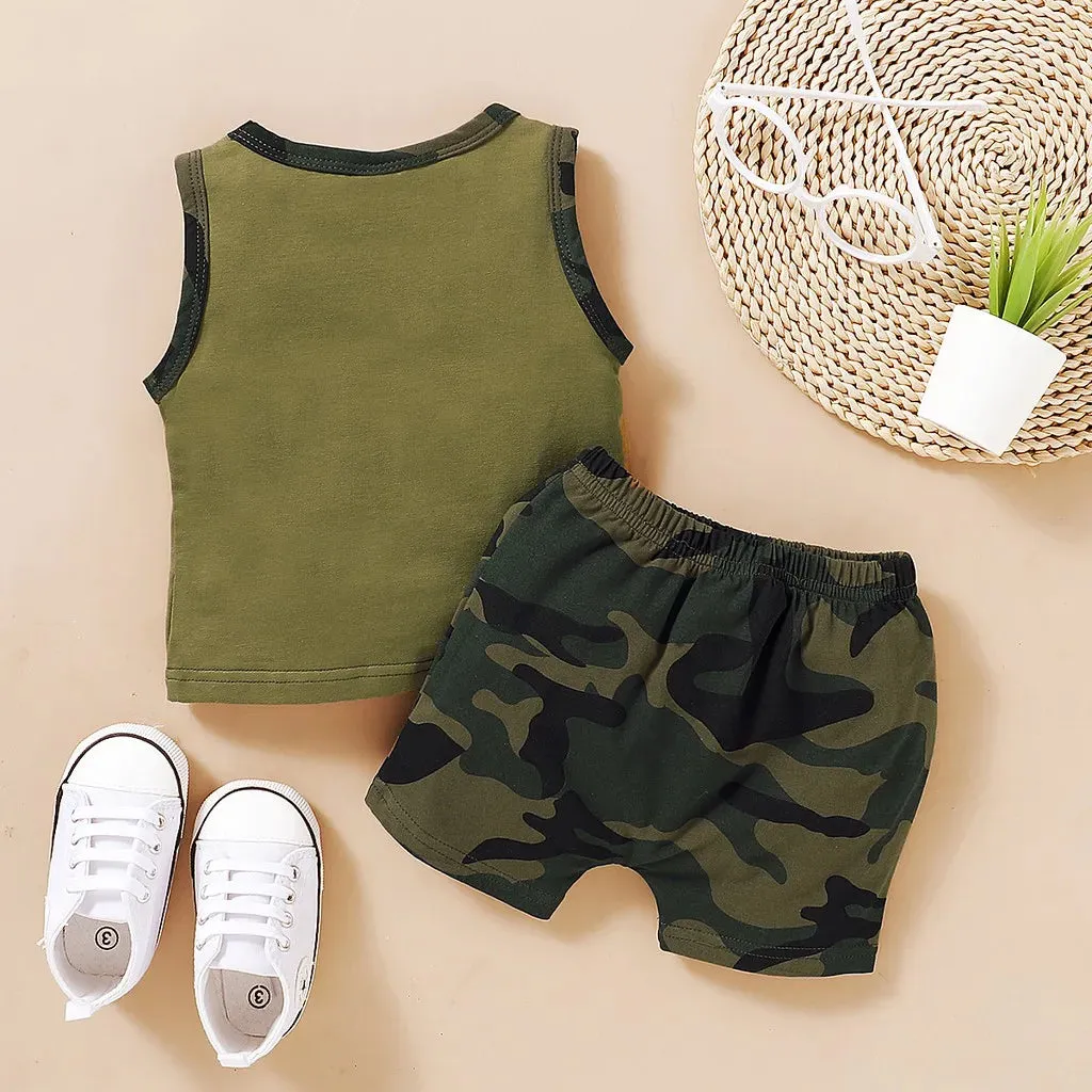 Letters Print Sleeveless Vest Top   Camouflage Shorts 2PCS Outfit Summer Clothing - Kids Toddler Baby Boy Fashion Clothes Set