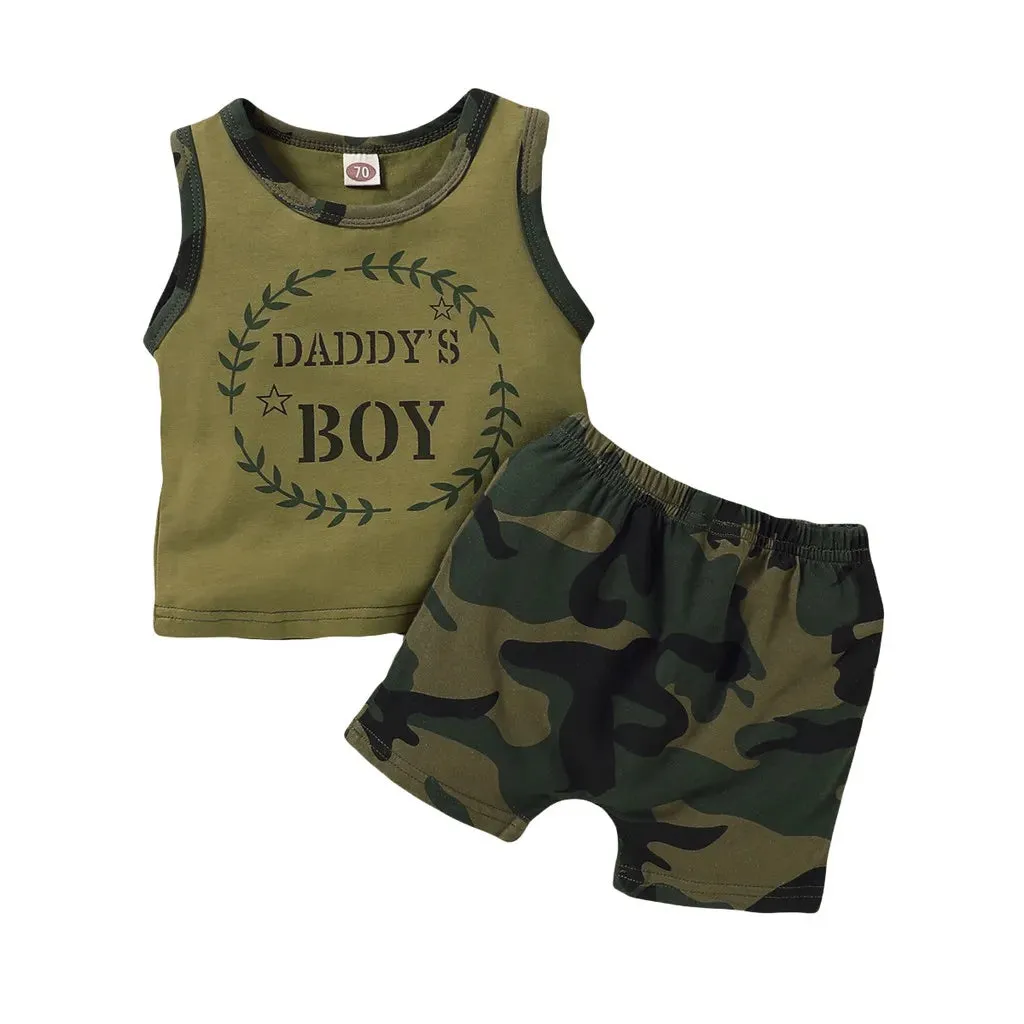 Letters Print Sleeveless Vest Top   Camouflage Shorts 2PCS Outfit Summer Clothing - Kids Toddler Baby Boy Fashion Clothes Set