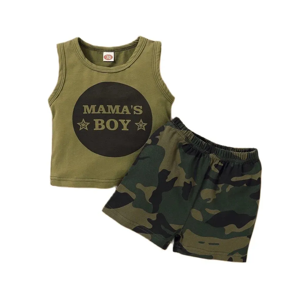 Letters Print Sleeveless Vest Top   Camouflage Shorts 2PCS Outfit Summer Clothing - Kids Toddler Baby Boy Fashion Clothes Set