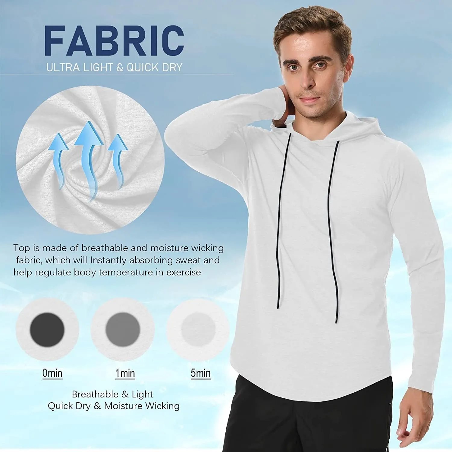 Long Sleeve Workout Hoodie Shirts for Men, Lightweight Athletic Running Hooded T-Shirt Gym Fishing Sweatshirts