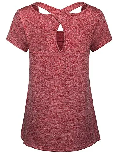Yoga Outfit Women,Cucuchy Fitness Workout Tops Casual Cool Running Shirt Short Sleeve Breathable Training Exercise Sport Wear Petite Flowy Softball Golf Volleyball Base Layer Active Gym Tshirts Red M